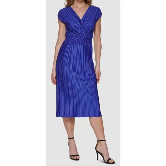 DKNY Blue Women Dress Size 12 Shift Midi Smocked Shutter Pleat Cap Sleeve New - Picture 1 of 10